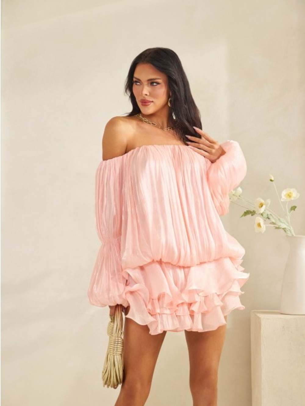 Off-Shoulder Pink Ruffle Mini Dress - Picture 4 of 4